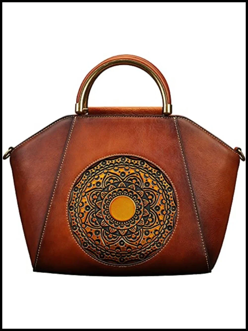Genuine Leather Women's Satchel Handbag Vintage 3D Totem Embossed Top Handle
